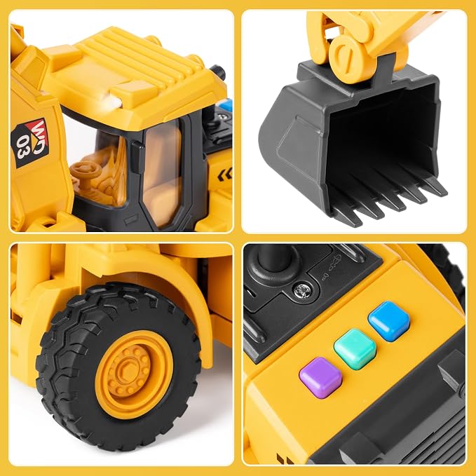 11" Excavator Toy, 1: 18 Scale, Rolling Wheels Inertia-Powered, Heavy‑Duty Plastic, with Lights & Rumbling Action, Working Boom & Bucket, Indoor/Outdoor Sandbox Vehicle for Ages 3 + - Easter Gifts
