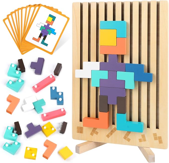 Wooden Stacking Puzzle Board, Montessori Brain Blocks for Kids 3-6 Years, Colored 3D Russian Block Game, Educational Teaser Jigsaw Toy for Boys & Girls, Fine Motor Skill for Age 3 4 5 6 7 8