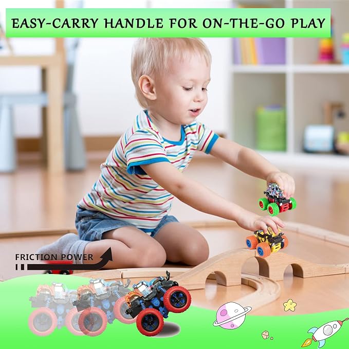 Push and Go Friction Powered Car,Toys for Boys 3-7 Years Old, Monster Toys Truck 4 Pack 360° Rotating Stunt Cars,Double-Directions Inertia Pull Back Vehicle Set,Birthday Party Gift for Kids