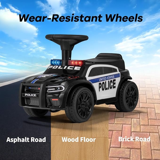 OLAKIDS Ride On Push Police Car, Toddler Foot-to-Floor Sliding Toy with Siren, Steering Wheel, Megaphone, Horn, Headlights, Under Seat Storage, Kids Racer Walking Gift for Boys Girls 1-3 (Classic)