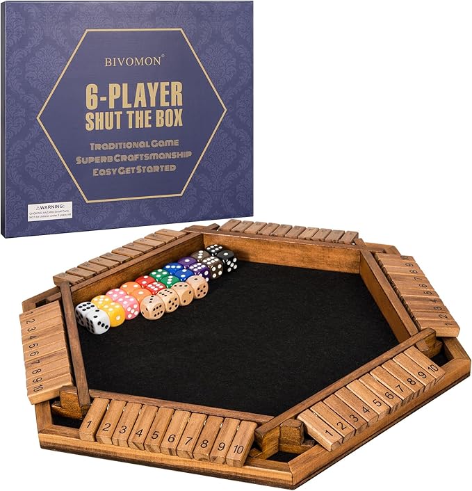 BIVOMON 1-6 Players Shut The Box Dice Game, Wooden Board Table Math Game for Kids Adult with 24 Dice, Close The Box Game for Family, Party, Christmas, Birthday