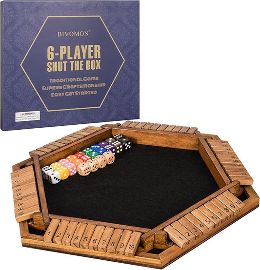 BIVOMON 1-6 Players Shut The Box Dice Game, Wooden Board Table Math Game for Kids Adult with 24 Dice, Close The Box Game for Family, Party, Christmas, Birthday
