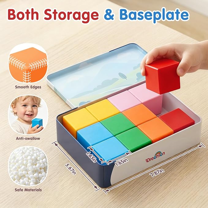 Magnetic Blocks Large with Metal Box, 1.65in Magnetic Building Cubes Toddler Travel Essentials Toys for Boys Girls Ages 1 2 3, STEM Educational Magnet Sensory & Montessori Toys Birthday Gifts 12 PCS