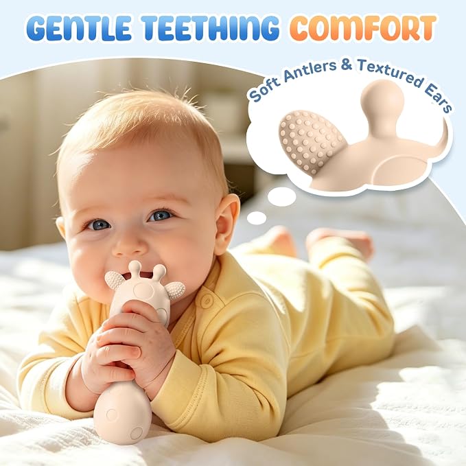 Baby Teething with Rattle Toys 3-6 6-12 Months, BPA Free Silicone Baby Teether, Infant Chew Toys for Teething Relief, Baby Gifts for Newborn Boys Girls, Easy-Grip, Beige