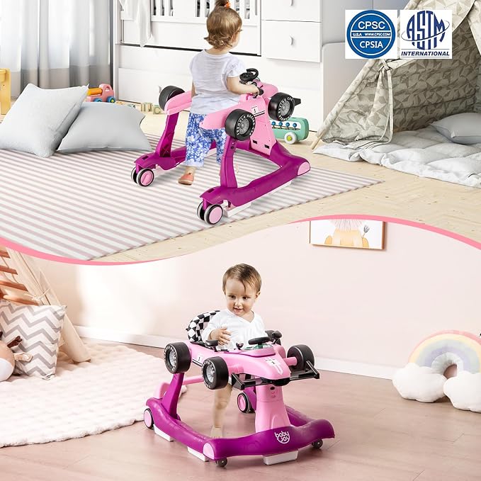 BABY JOY 4-in-1 Baby Walker, Foldable Activity Walker with Adjustable Height & Speed, Music, Lights, Anti-Rollover, Toddler Push Walker, Baby Walker with Wheels for Boys Girls 6-18 Months (Purple)
