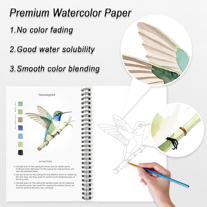 Watercolor Workbooks, 16 Colors Water Color Books Paint Set for Adults, Watercolor Coloring Book for Beginners, Water Color Workbook, 15 Beautiful Paintings for Beginners (Birds)