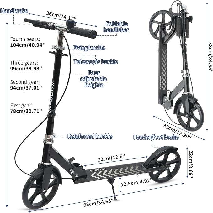 Scooters for Kids 8-12,Scooter for Teens Adults with 8-Inch Big Wheels Foldable Lightweight, 4 Adjustable Height Levels, 240 lbs Max Load Portable Scooter with Hand Brake
