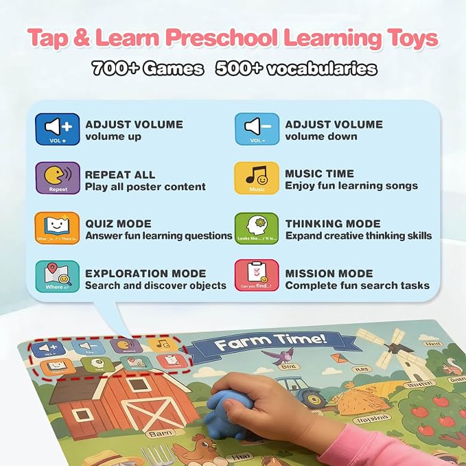 Talking Pen + 20 Interactive Learning Posters for Toddlers 1-3 | Educational Toys for 3 4 5 6 Year Olds |Homeschool Essential for Preschool, Gifts for Boys & Girls