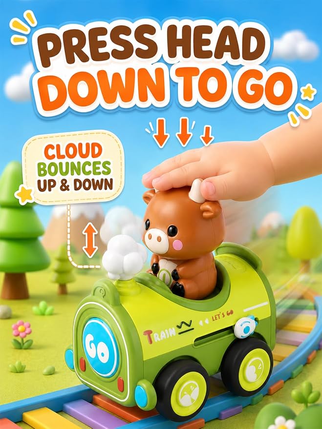 4 Pack Magnetic Connect & Press to Go Car Toys, Animal Finger Puppet Race Cars, Fine Motor Skill Toddler Toys 1-3, Push Down Friction Vehicle Set, Gifts for Baby Boys Girls 12-18 Months