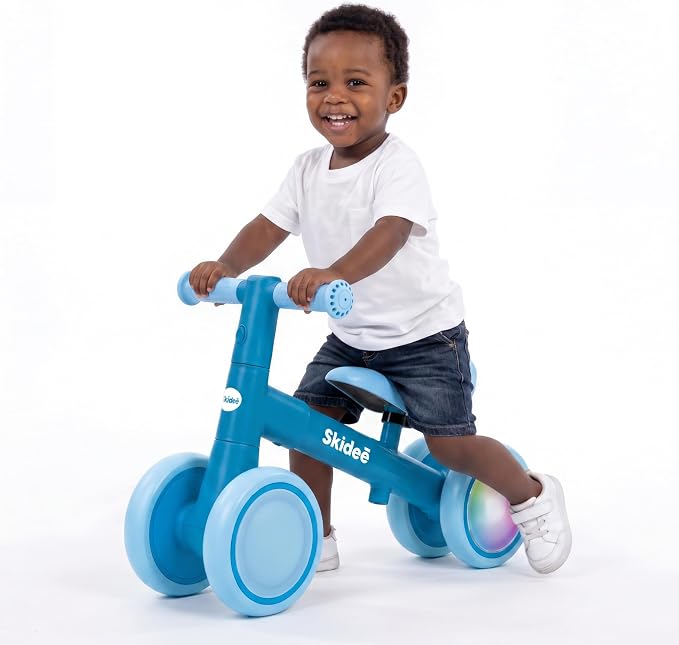 SKIDEE Toddler Balance Bike 1-3, 4-Wheel Balance Bike with Rare Light-Motion-Activated LED Wheels, Adjustable Height & Child Safe Steering, Lightweight Ride-On Toy Training Bike for Boys & Girls