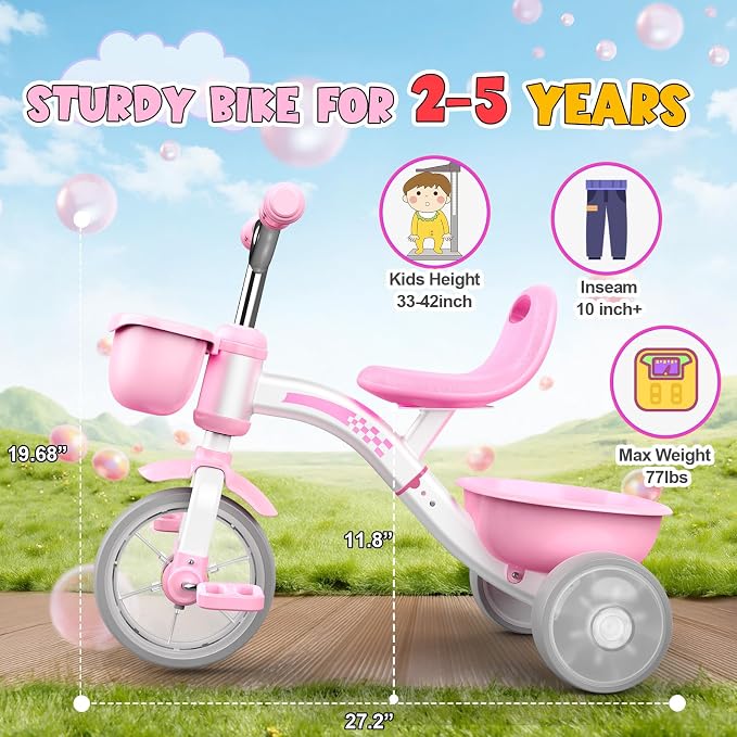Kkdi Toddler Tricycle for 1-3 3-5 Year Olds, 2 3 4 5 Year Old Girl Birthday Gifts, Pink Toddler Baby Bike, 4-Level Adjustable Seat, 3 Color Light Wheels, 2 Baskets, Outdoor Riding Toys for Ages 2-4