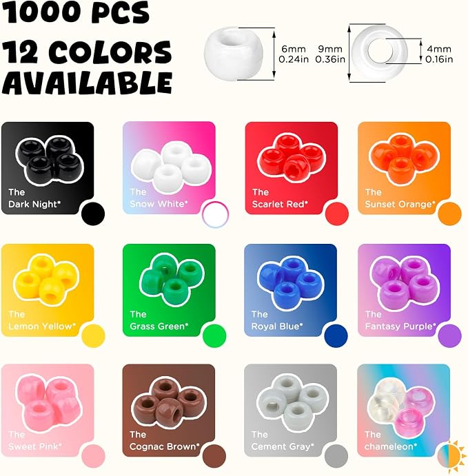 Dowsabel White Pony Beads Bulk 1000 Pcs 6x9mm, Large Hole Kandi Hair Beads for Braids Bracelets, DIY Friendship Bracelets Necklaces Jewelry Making Crafts and Gifts