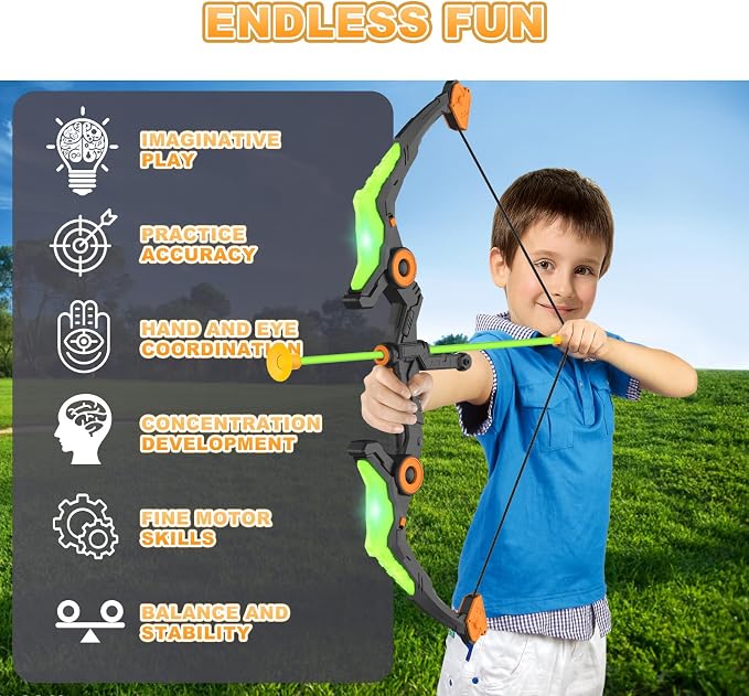 Kmuxilal Kids Bow and Arrow Set with LED Flash Lights, 10 Suction Cup Arrows, Quiver and Fluorescence Standing Target-Perfect Indoor and Outdoor Archery Set Toy Gift for Boys and Girls Ages 4-12