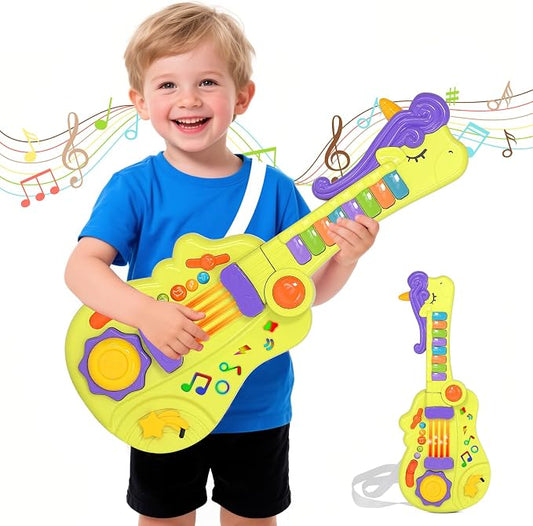 M SANMERSEN 3-in-1 Toddler Guitar Toys for Kids with Piano Drum, Electric Musical Toy with Strap Light Up 3 4 5 Year Old Boys Girls Gifts