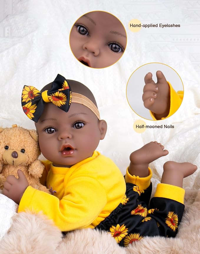 Aori Black Reborn Baby Dolls, 18 inches Real Black Baby Doll with Feeding Kit Included, Realistic Newborn Black Baby for Kids 3+, Birthday, Pretend Play