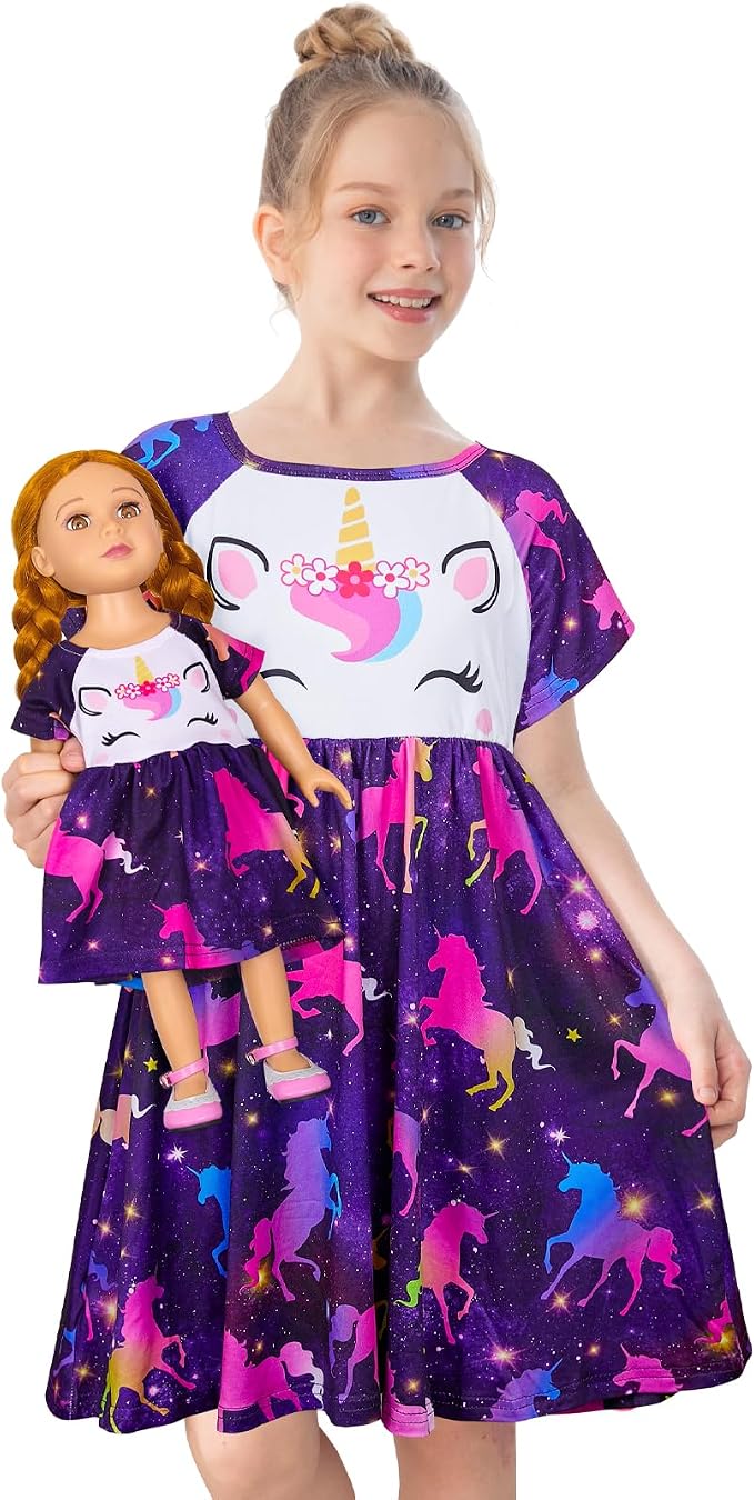 Play Tailor Doll and Girl Matching Nightgown Unicorn Outfit Pajamas Night Dress for Girls and 18" Dolls Clothes