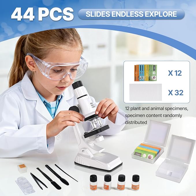 61 Piece Kids Microscope Kit - 100X-1200X with LED Light, Science Kit with Blank and Prepared Slides, Phone Holder, Carrying Box, STEM Project Toy, Educational Gift for Children Ages 6-12