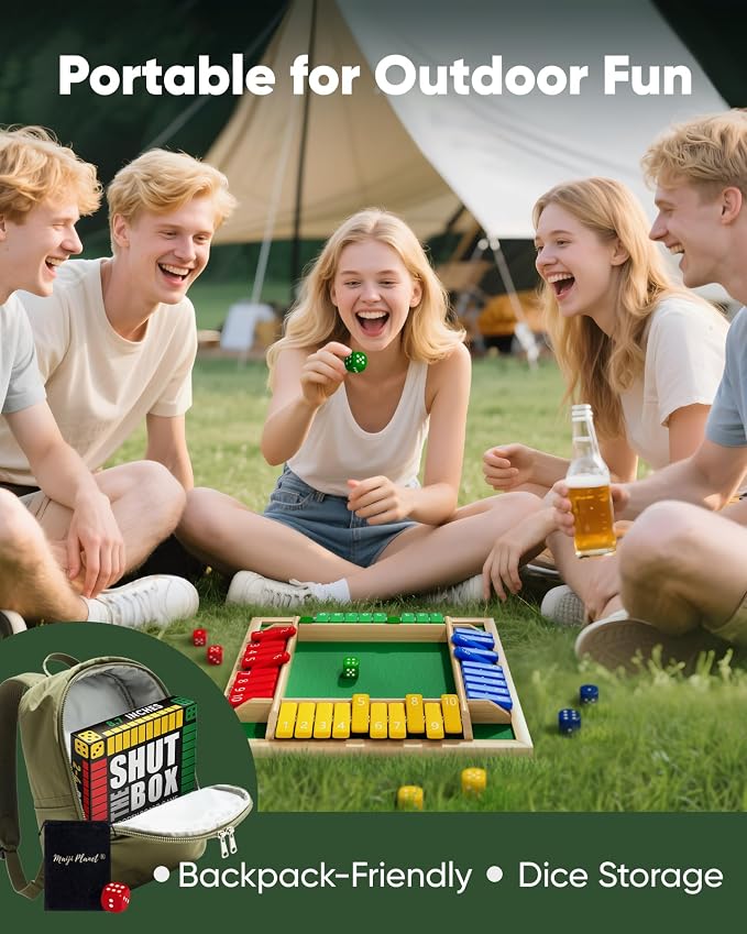 Classic Original Shut The Box Game, Math Dice Board Game for Family Night Classroom Travel, Wooden Table for Group Kid Adult Senior, Camp Party Bar, Easy Quick and Fun, 2-4 Players