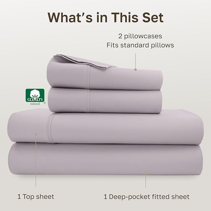 California Design Den Soft Full Size 100% Cotton Sheet Sets, 400 Thread Count Good Housekeeping Award Winner, Smooth Sateen Finish, Deep Pockets, Cozy & Durable Full Bedding Set - Dusky Lavender Grey