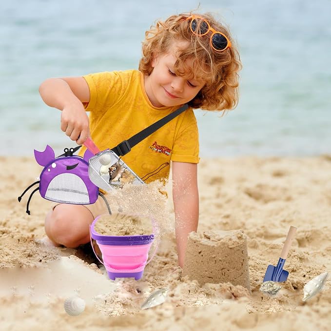 4PCS Beach Toy Mesh Shovel and Mesh Beach Bag Seashell Bag with Foldable Beach Bucket & Shovel,for Sand Filter & Collect Shells (Purple Crab