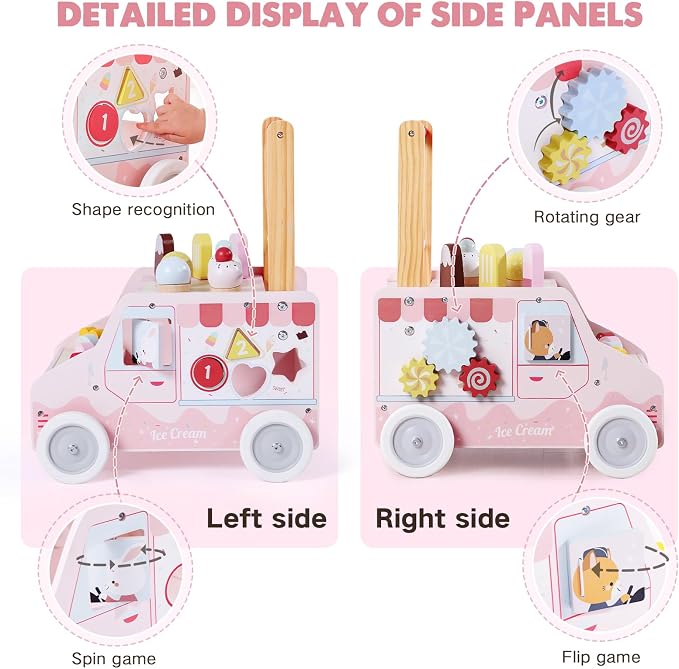labebe Wooden Push Walker, Push Activity Walker for Kids 12M+, Multifunctional Ice Cream Cart Activity, Adjustable Speed Learning Walking with Wheels, Birthday Gift for Girls Boys Ages 1-3 (Pink)