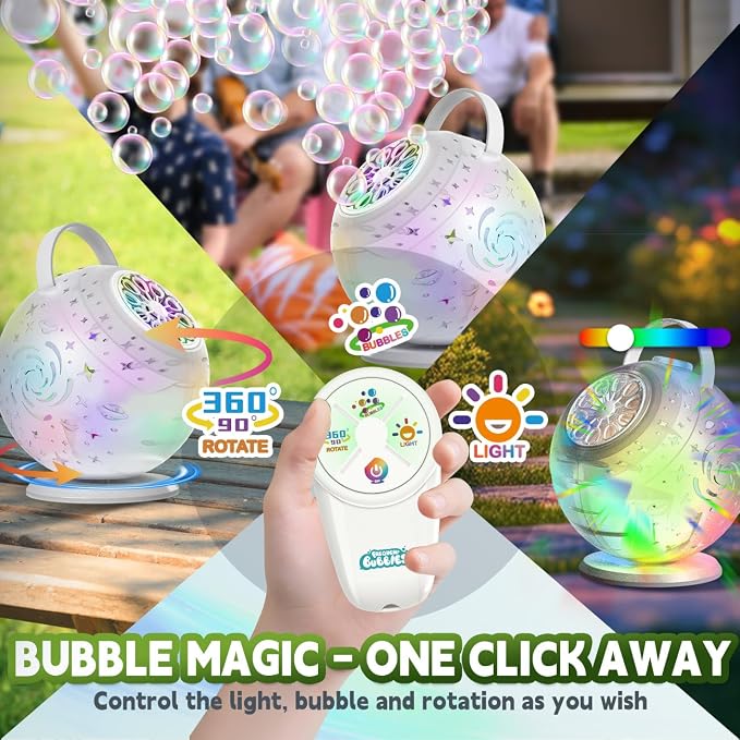 Rechargeable Bubble Machine - Auto 90°/360° Rotation, Remote Control(65-131ft), 9-Color LED, Larger Bubbles Design, Bubbles Maker Toys Gifts for Kids, Toddlers, Birthday, Parties, Wedding, Boys, Girls