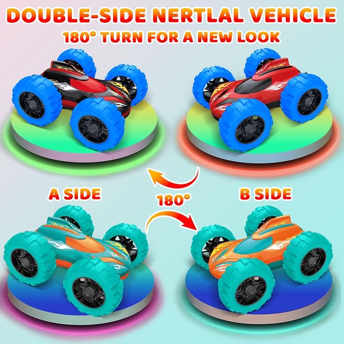 2 Pack Car Toys for 3 4 5 Years Old Boys, Sturdy Friction Powered Monster Truck Toys, Double-Side Stunt Vehicles, Push and Go Cars, Sand Toy, Easter Christmas Birthday Gift for Boys Girls Kids Toddler