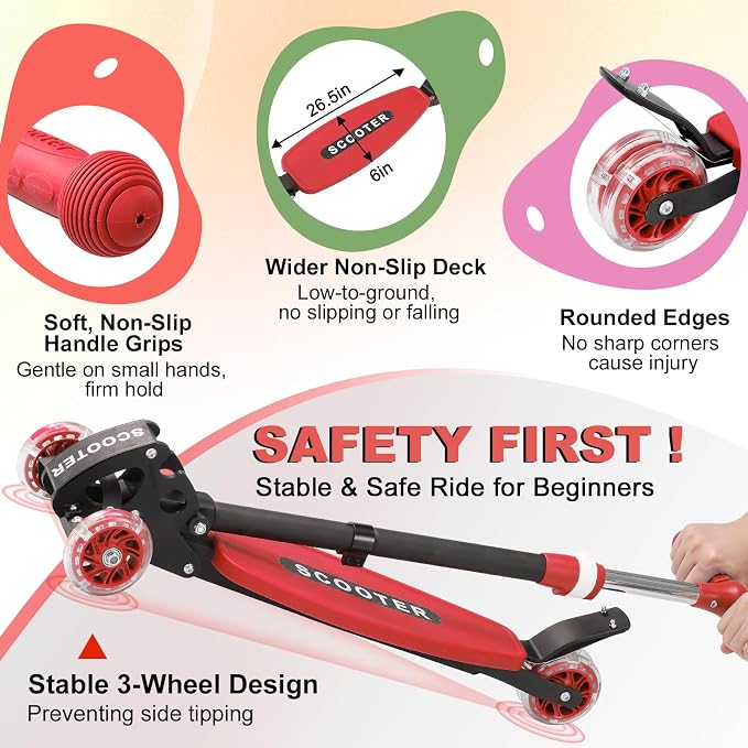 Scooters for Kids 6-8 8-12, Folding 3 Lighted Wheels Kick Scooter,3 Adjustable Height Handlebars, Lean-to-Steer,Widen Anti-Slip Deck, Heavy Duty Scooter for Boys Girls Ages 6-12,up to 170 Lbs