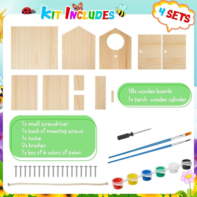 Liliful 4 Pack Birdhouse Crafts for Kids, Wooden Creative DIY Bird House Kits Arts and Crafts Set for Kids and Adults, Spring Birthday Gifts for Toddlers Ages (Seasonal Style)