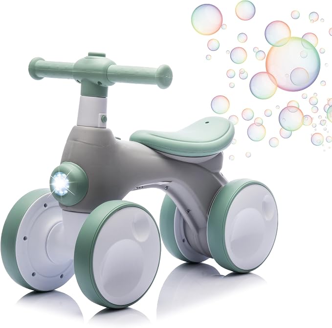 JoyRydz Baby Balance Bike 1 Year Old with Music, Lights, Bubble Machine, 4 Wheels Pedal-Less Toddler Ride on Toys for 12-36 Months Birthday Gift, Toddler boy Toys Ride on car (Green & Gray)