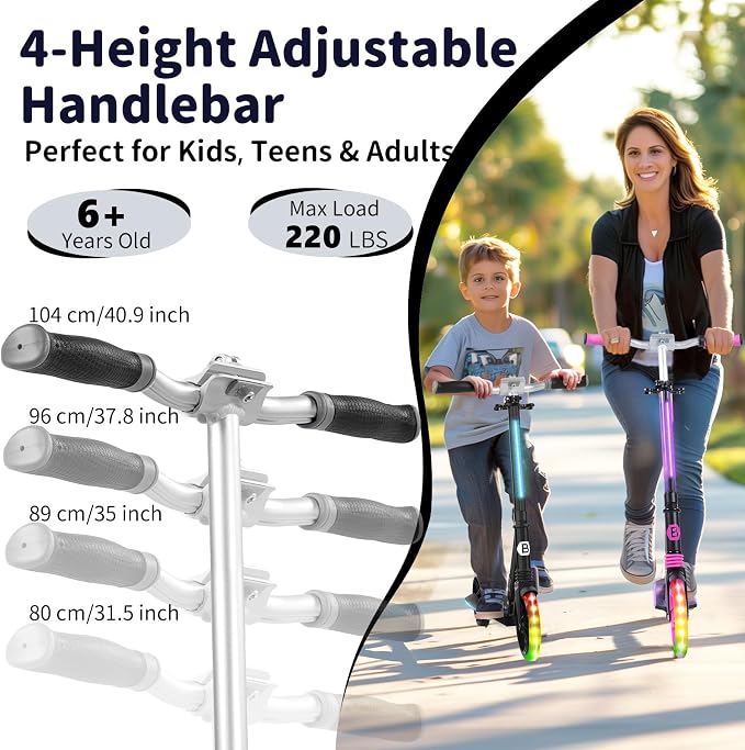 BELEEV V8 Scooters for Kids Ages 6+ with Light-Up Deck, 2 Wheel Folding Scooter for Kids, 4 Adjustable Height, Lightweight Sport Commuter Scooter, Sturdy Frame