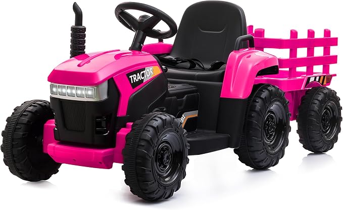 TOBBI Kids Electric Ride On Toy Tractor, Toddlers 12V Battery-Powered Car to Drive, 35W Dual Motor 6-Wheels Trailer Vehicle with 3-Speeds/LED & Horn Functions for Chirdren Aged 3-8-Pink