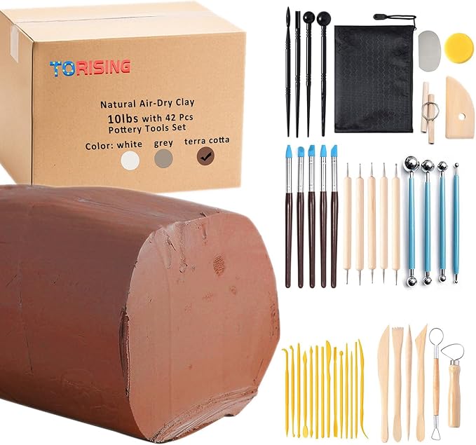 Air Dry Clay 10 LBs with 42 Pcs Set Pottery Clay Tools Set for Hand Modeling and Throwing, Non-Toxic (Terra Cotta & Kit)
