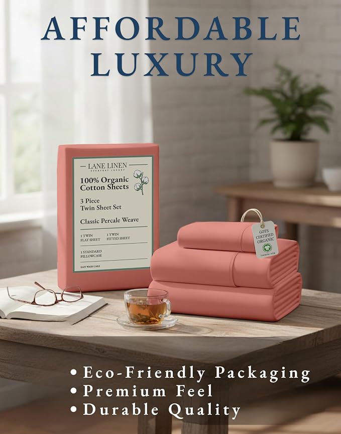 LANE LINEN Twin XL Bed Sheets 100% Organic Cotton 3pc Percale - Rose Dawn | 100% Organic Cotton Percale Twin XL Sheet Set - Easy-Care Machine Washable, Breathable For Year-Round Sleep, For Hot Sleepers