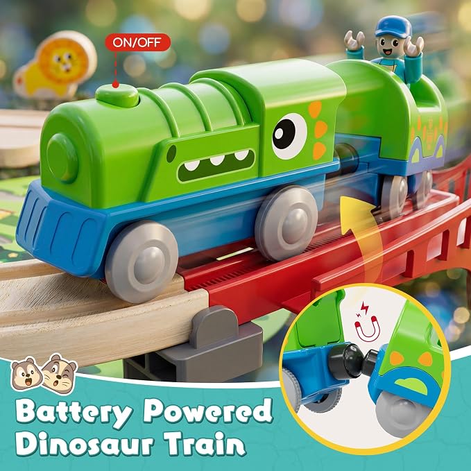 Lehoo Castle Wooden Train Set - Train Track Set with Battery-Operated Dinosaur Train, Lion Tunnel Lights & Sounds, Train Toy Birthday Gift for Boys & Girls Ages 3-7