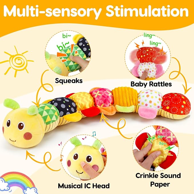 Topsochir Baby Caterpillar Toys 0-3-6 Month Musical Stuffed Animal Plush Tummy Time Toy for Infant 6-12 Month Teething Sensory Toy with Crinkle Rattle Babies 0 2 3 4 5 6 Month Newborn Birthday Gifts