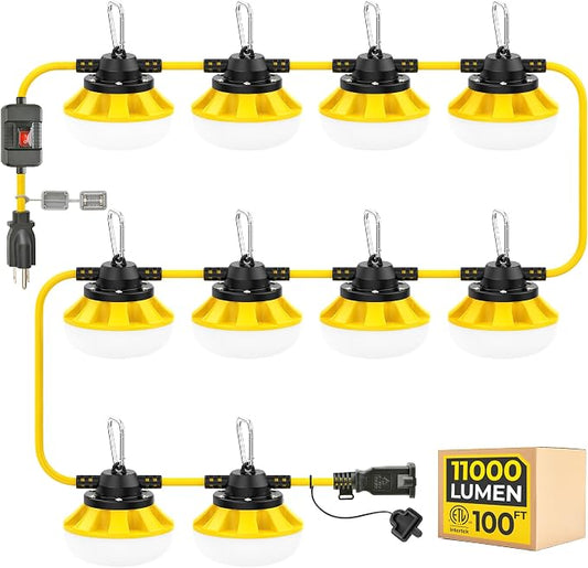 100FT 3-Prong Construction String Lights with Switch, LED Work Light, ETL Certified, IP65 Waterproof, Linkable up to 8 Sets, for Jobsite, Attic, Garage