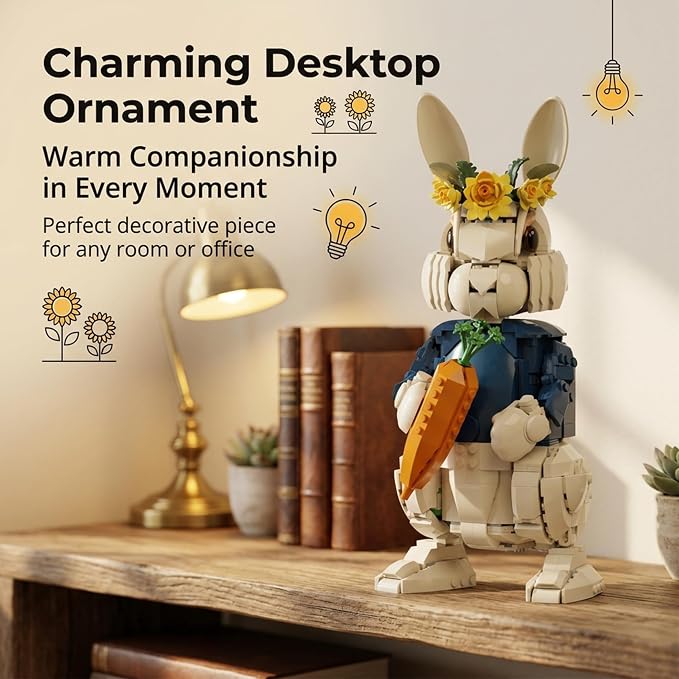 Wonderland Bunny Building Blocks Set, Compatible with Lego Flowers, Creator Cute Rabbit Toys with Carrot & Sunflower Display Base Creative Gift for Adults Home & Office Desk Decor (1258PCS)