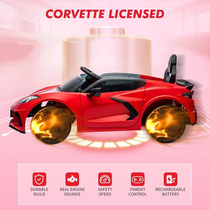 Garvee 12V Kids Ride on Car Licensed Corvette Toddlers Electric Sports Car Ride on Toy with Remote Control, Visual Dashboard, LED Lights, Music for Boys & Girls, Red