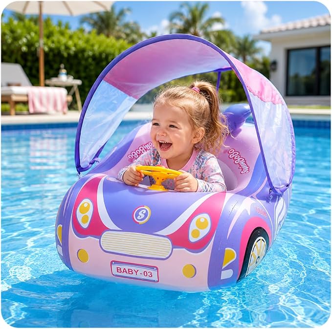 Baby Pool Float Toddler Floaties 3D Car Baby Float for 12-48 Months Inflatable Heavy Duty 0.35mm PVC Seat Boat Pool Toys Float No Flip Swimming Floaties for Boys&Girls1-5 Years