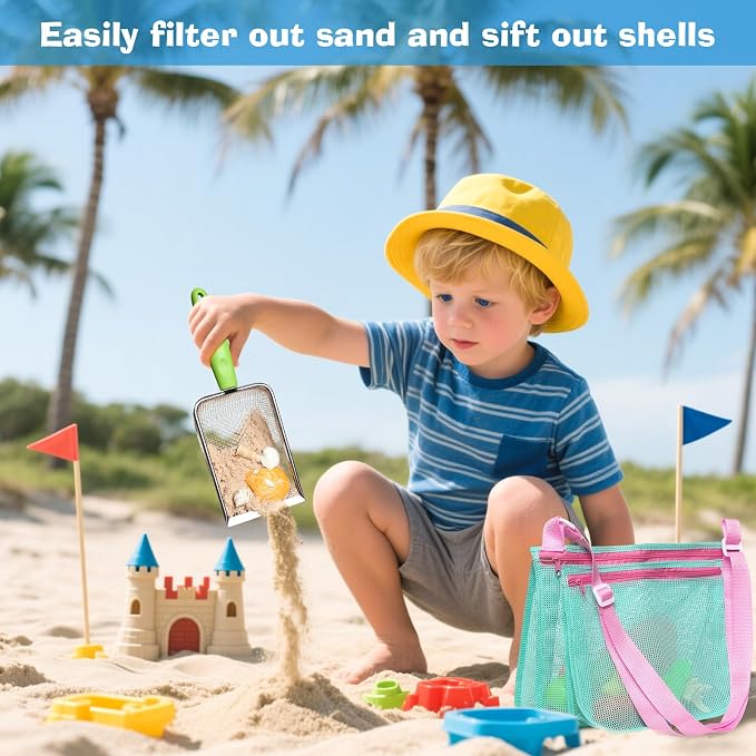 Beach Toy Set Include 3 Mesh Shovels and 3 Beach Mesh Bags,Kids Sand Sifter Colorful Mesh Bag for Shells Collecting
