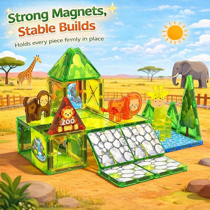 LATI Magnetic Tiles Building Set, Zoo World Animal Magnet Blocks with Giraffe, Lion & Bear, STEM Build & Play Toy for Kids Ages 3-8, Educational Gift for Boys & Girls