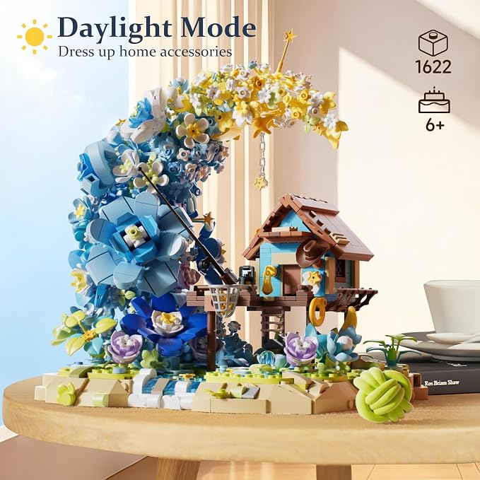 SUNHABI Moon Flower Mini Bricks Building Set, Fairy Cabin and Blue Flower Bouquet, Mini Building Blocks Botanical Collection Set, Unique Home Decor, Gift for Her and Him - 1622 Pcs Mini Bricks