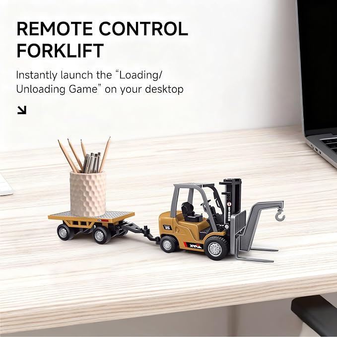 BRRRRT 1/64 Full Proportional RC Forklift Toy,8 Channel 2 Mode Mini Remote Control Forklift Truck with Flatbed Tow Truck,2 in 1 Transformable Lift Fork & Hook with Rechargeable Battery for 4+ Kids