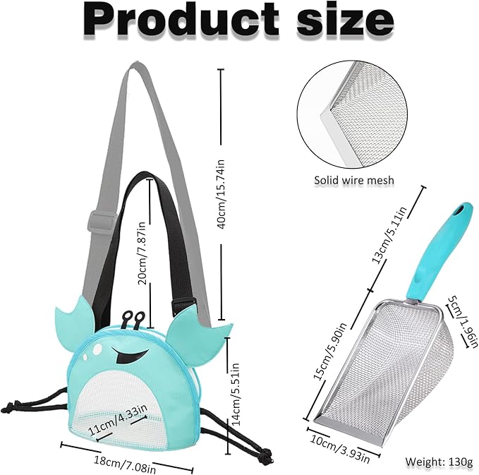 4PCS Beach Toy Mesh Shovel and Mesh Beach Bag Seashell Bag,for Sand Filter & Collect Shells,Sand Sifter Shell Collecting Tools(Blue-Pink Crab)