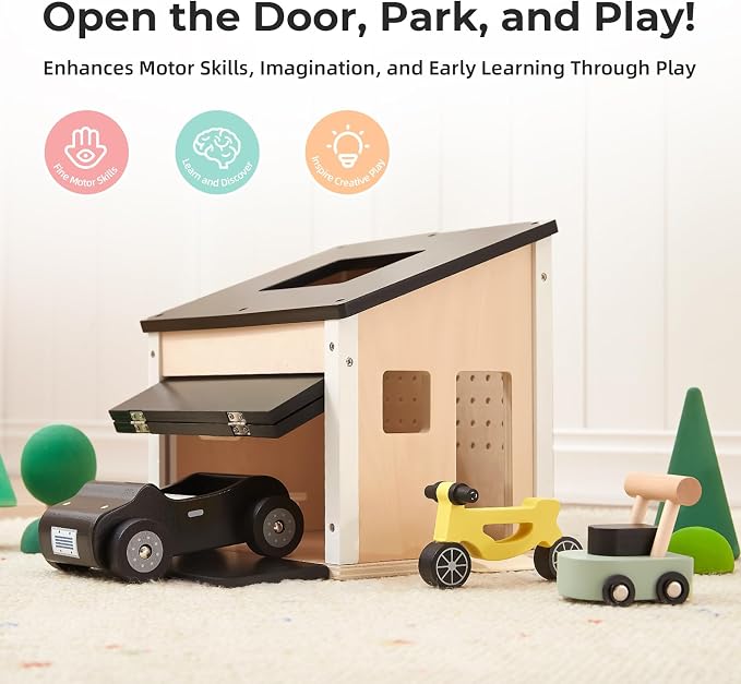 OOOK Wooden Dollhouse Garage Set Includes Workbench, Lawn Mower, Bicycle and Car, Dollhouse Furniture & Accessories for Kids