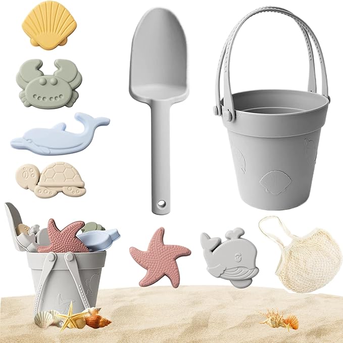 Sand Toys for Kids 8PCS Safe Silicone Beach Toys Grey - with Shovel, Bucket and Sand Molds, Waterproof for Travel Summer
