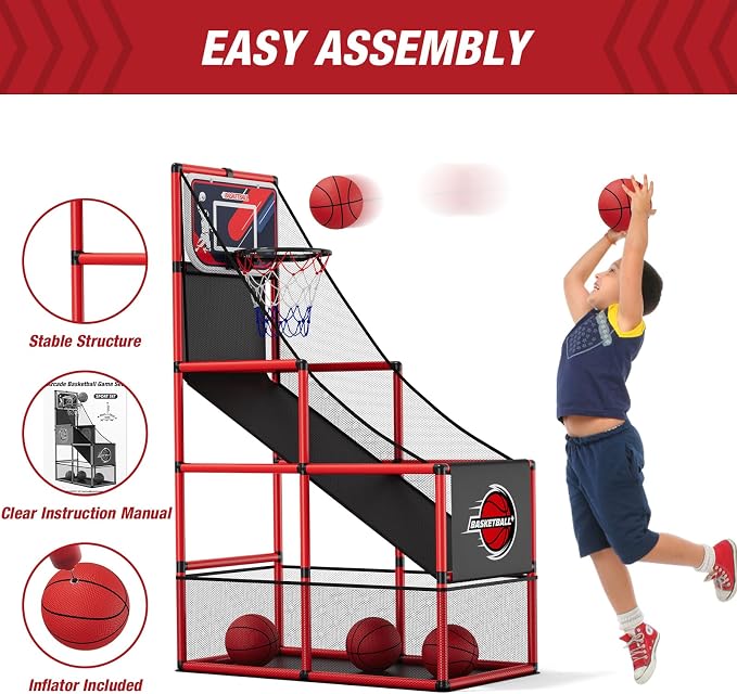 HYES Basketball Arcade Game Indoor Outdoor, Kids Basketball Hoop with 4 Balls & Pump, Single Shot Basketball Game at Home, Carnival Games Sport Toys for Boys Girls Teens