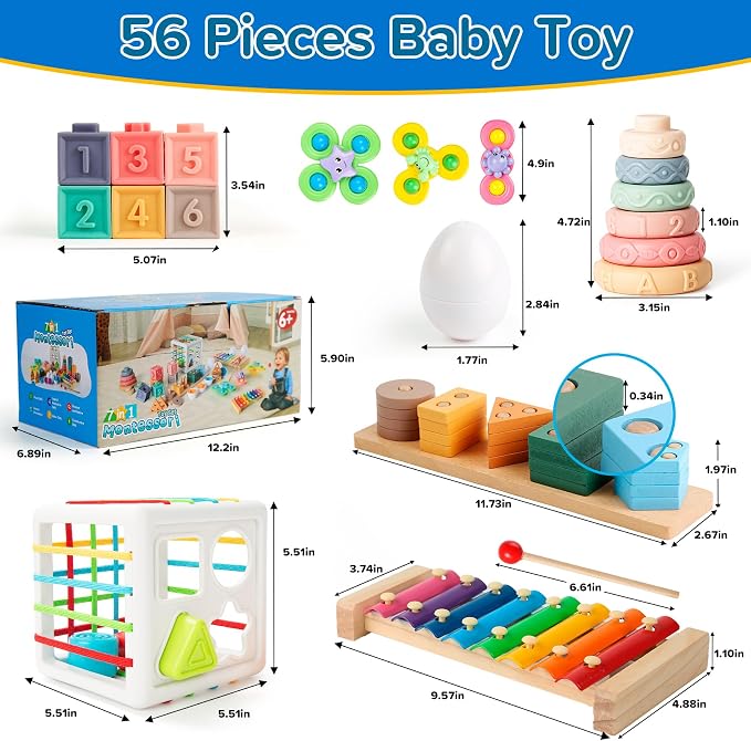 Somastung 7‑in‑1 Montessori Baby Toys for 6‑12 Months & 1+ Years, Infant Sensory Teething & Stacking Blocks | Wooden Shape Sorter, Xylophone Musical Toy, Birthday Gift for Toddlers 1‑3