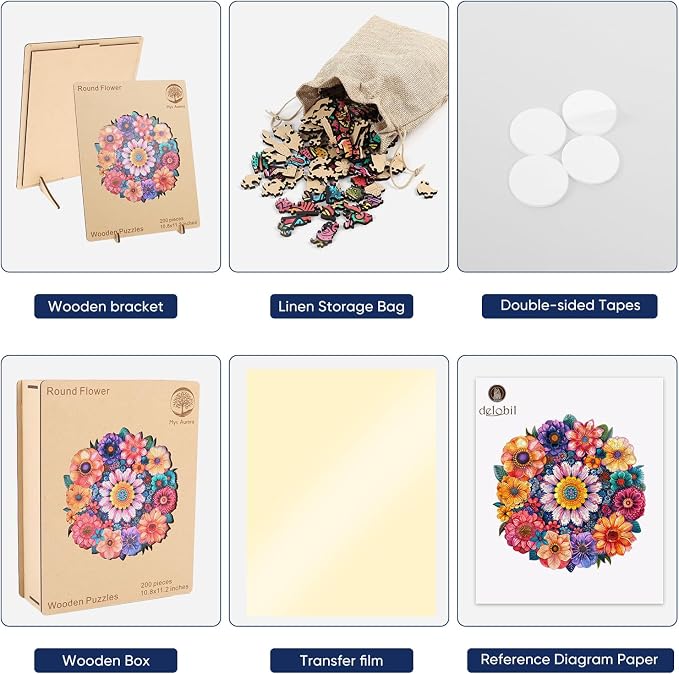 Mys Aurora Puzzles for Adults Round Flower Wooden Puzzles, 200 Pieces Unique Shaped Jigsaw Puzzles, Birthday for Adults and Kids, Fun Family Game 10.8'' x 11.2'' Medium Size